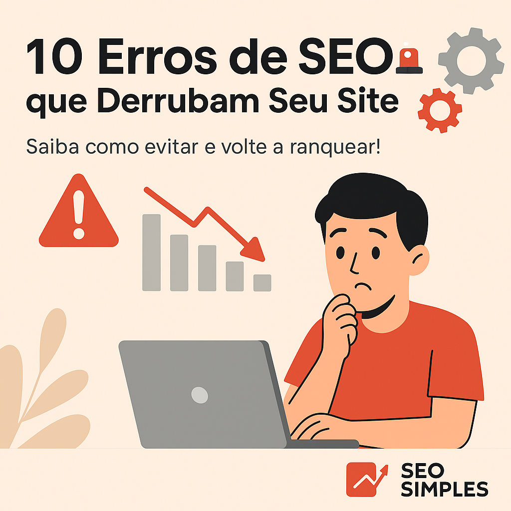 Ilustração para o blog seosimples.com. Uma pessoa com camiseta vermelha está surpresa em frente a um laptop. À esquerda, um triângulo de alerta vermelho e o texto '10 Erros de SEO que Derrubam Seu Site' em preto, com subtítulo 'Saiba como evitar e volte a ranquear!' em cinza. O fundo é bege claro, com o logotipo do seosimples.com no canto inferior direito.