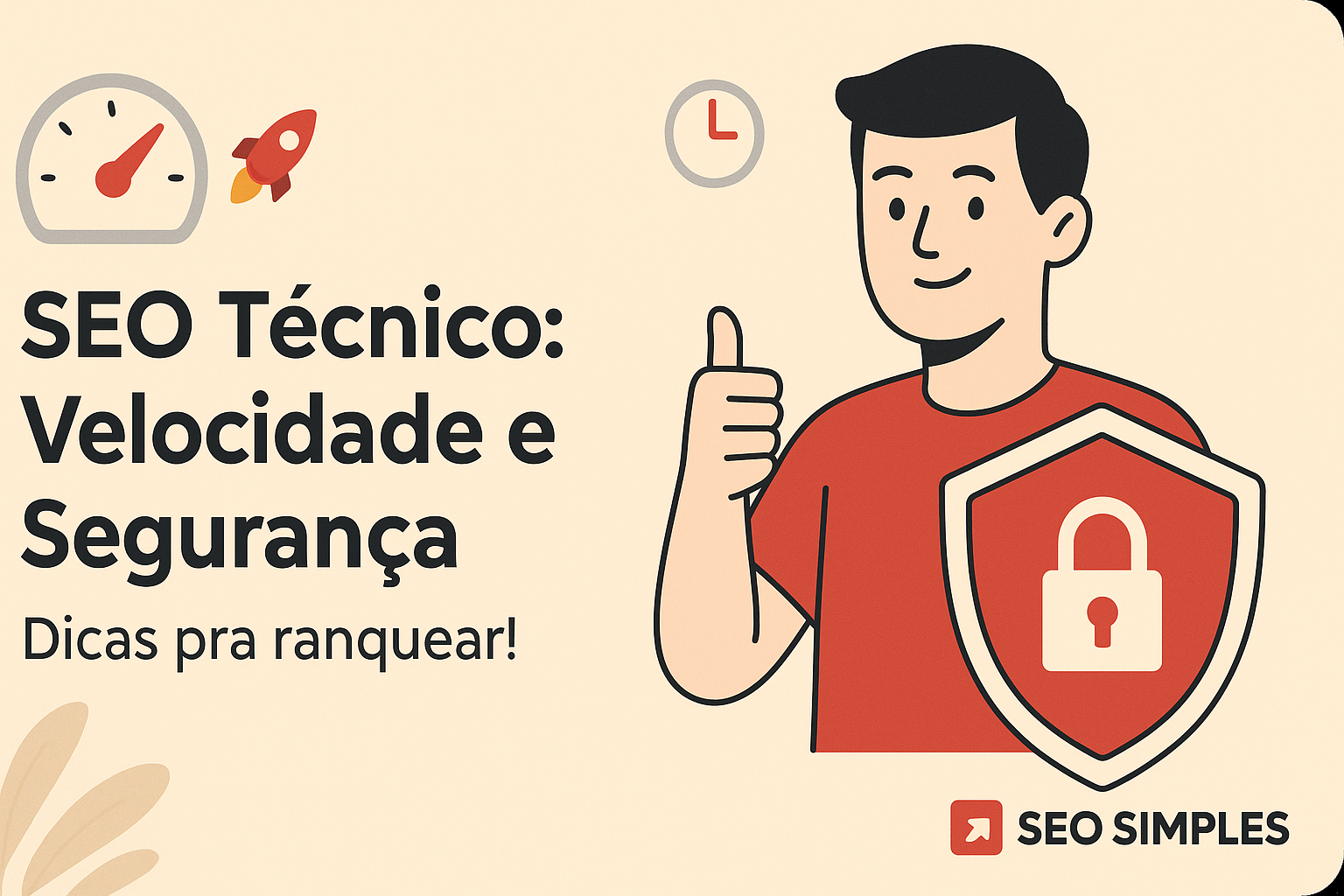 Ilustração para o blog seosimples.com. Uma pessoa com camiseta vermelha está confiante segurando um escudo com cadeado. À esquerda, um velocímetro vermelho e o texto 'SEO Técnico: Velocidade e...' em preto, com subtítulo 'Dicas pra ranquear!' em cinza. O fundo é bege claro, com o logotipo do seosimples.com no canto inferior direito.