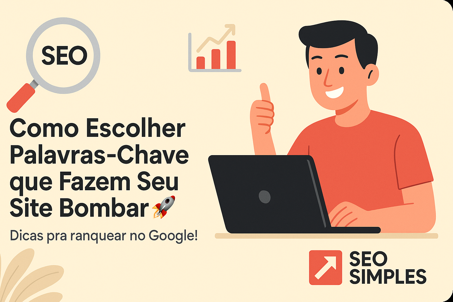 Ilustração para o blog seosimples.com. Uma pessoa com camiseta vermelha está confiante em frente a um laptop com gráfico ascendente. À esquerda, uma lupa vermelha e o texto 'Como Escolher Palavras-Chave que Fazem Seu Site Bombar' em preto, com subtítulo 'Dicas pra ranquear no Google!' em cinza. O fundo é bege claro, com o logotipo do seosimples.com no canto inferior direito.